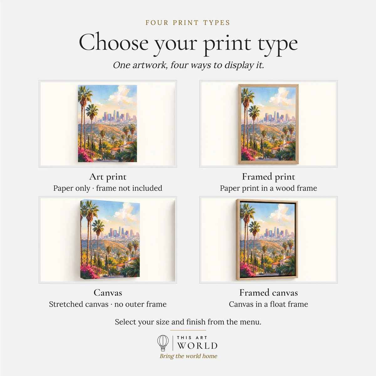 Los Angeles palm trees and downtown skyline watercolour art print, print type options: art print, framed print or canvas