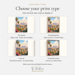 Los Angeles palm trees and downtown skyline watercolour art print, print type options: art print, framed print or canvas