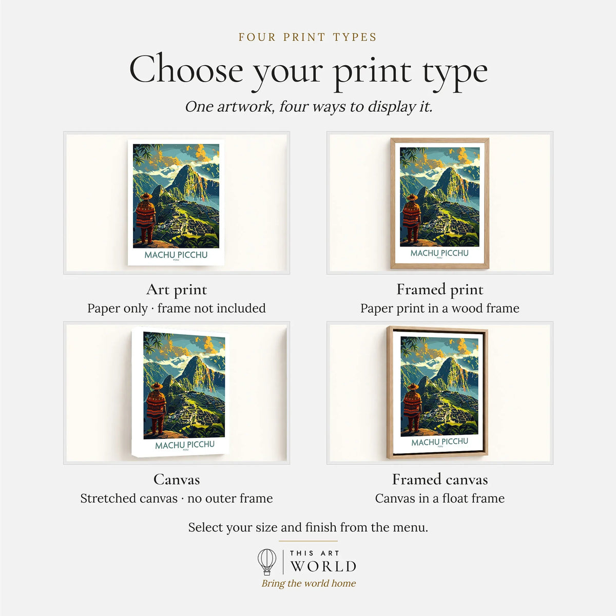 Machu Picchu Travel Poster - print type options: art print, framed print or canvas