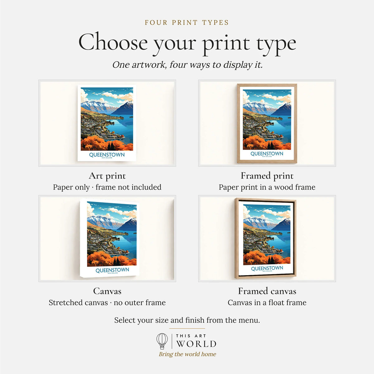 Queenstown New Zealand Lake Wakatipu in autumn modern travel poster, print type options: art print, framed print or canvas
