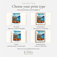 Queenstown New Zealand Lake Wakatipu in autumn modern travel poster, print type options: art print, framed print or canvas