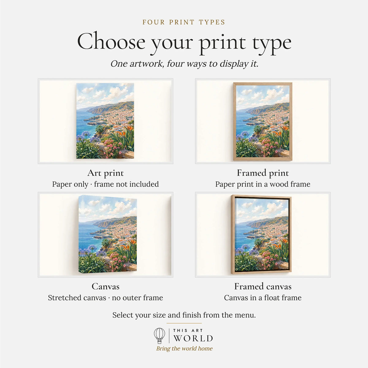 Madeira Funchal bay and coast watercolour art print, print type options: art print, framed print or canvas