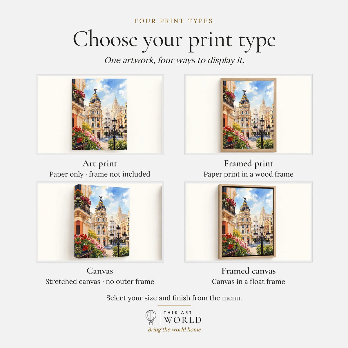 Madrid Metropolis building on Gran Vía watercolour art print, print type options: art print, framed print or canvas