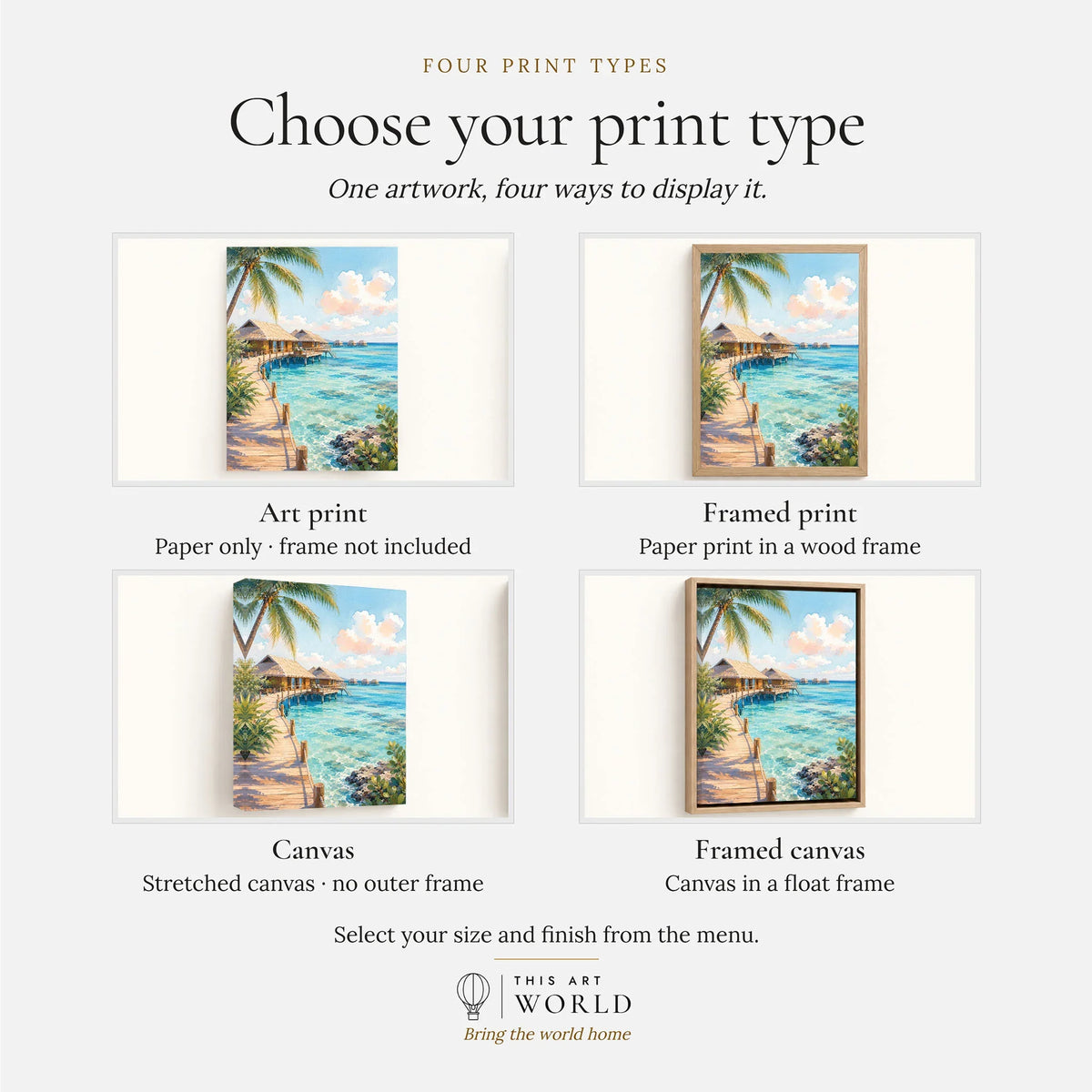 Maldives overwater villas and lagoon watercolour art print, print type options: art print, framed print or canvas