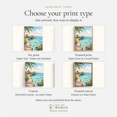 Maldives overwater villas and lagoon watercolour art print, print type options: art print, framed print or canvas