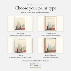 Manchester city skyline art print, print type options: art print, framed print or canvas