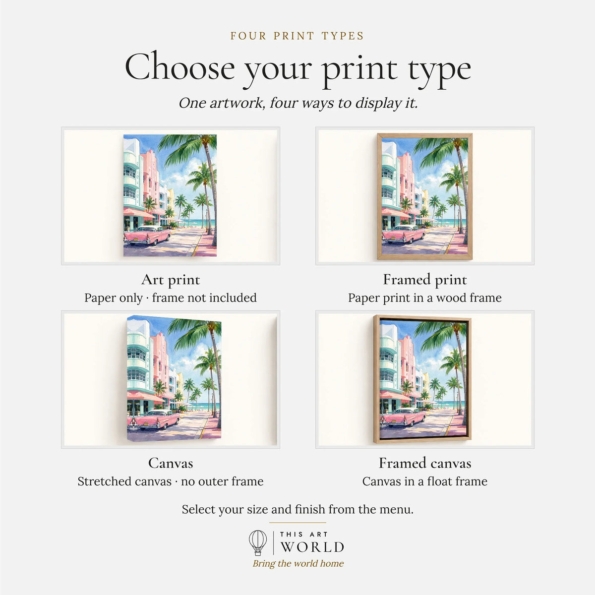 Miami Art Deco Ocean Drive and classic car watercolour art print, print type options: art print, framed print or canvas