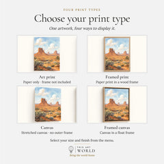 Monument Valley the Mittens buttes watercolour art print, print type options: art print, framed print or canvas