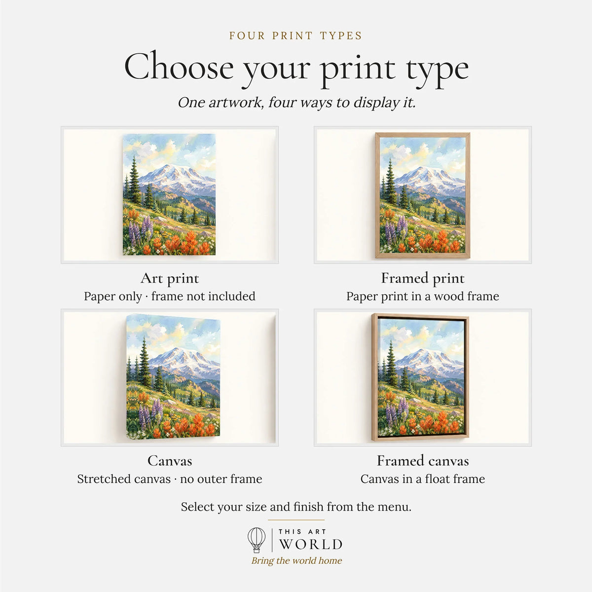 Mount Rainier National Park wildflower meadows watercolour art print, print type options: art print, framed print or canvas