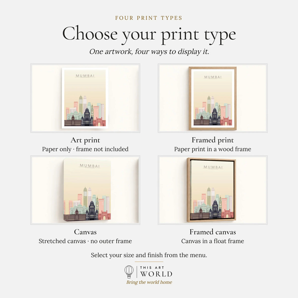 Mumbai city skyline art print, print type options: art print, framed print or canvas