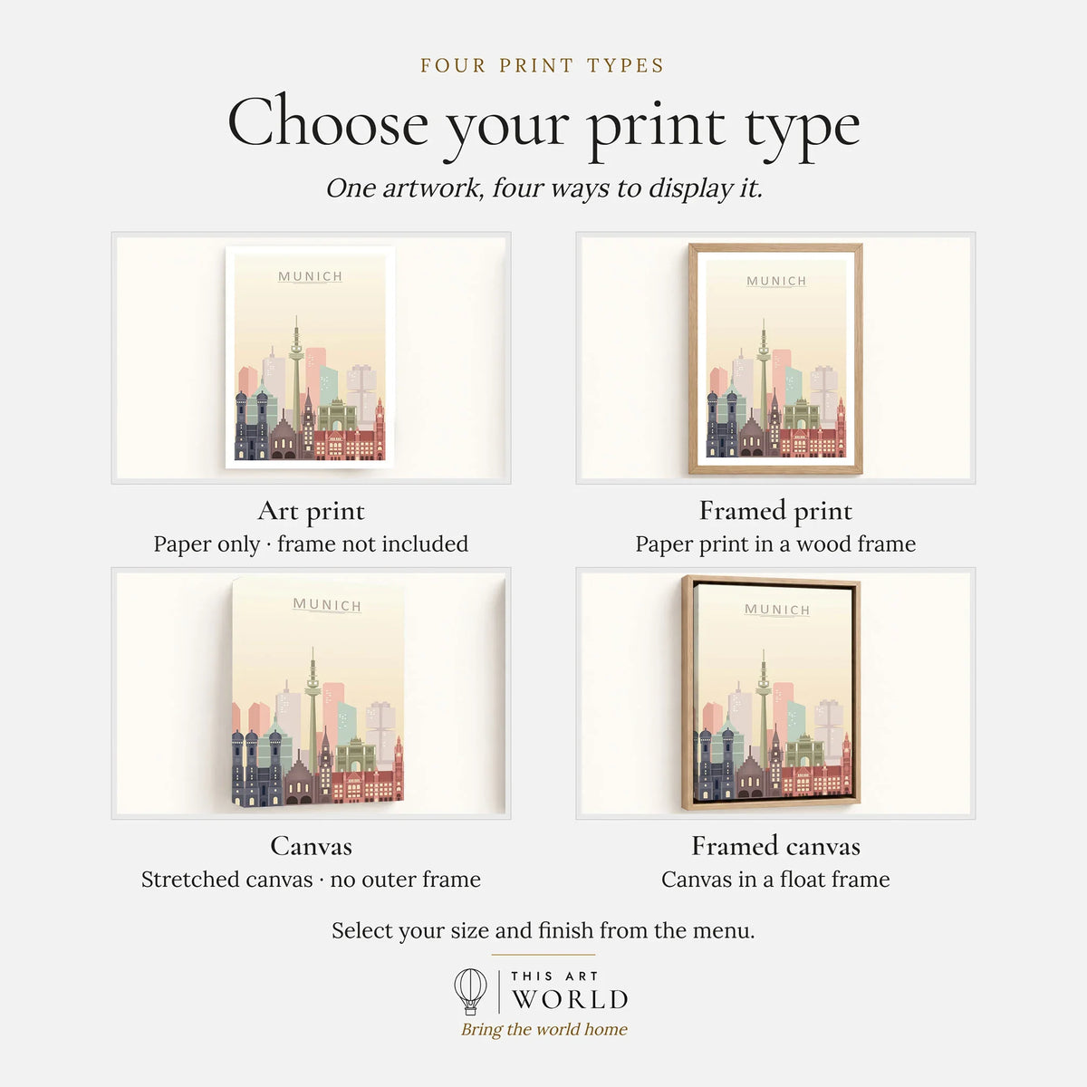 Munich city skyline art print, print type options: art print, framed print or canvas