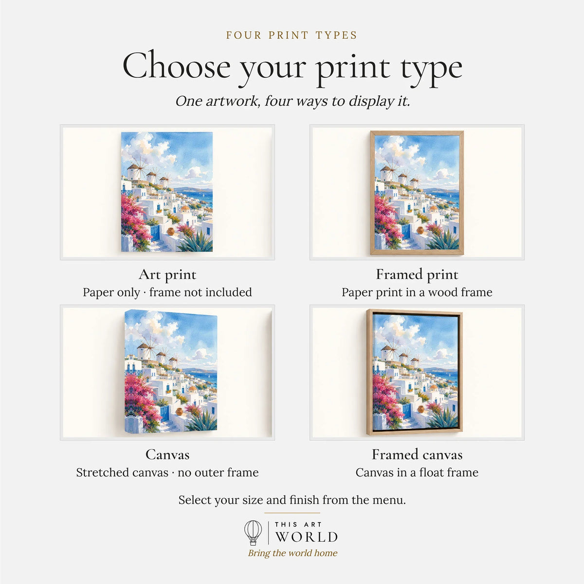 Mykonos windmills and white houses watercolour art print, print type options: art print, framed print or canvas