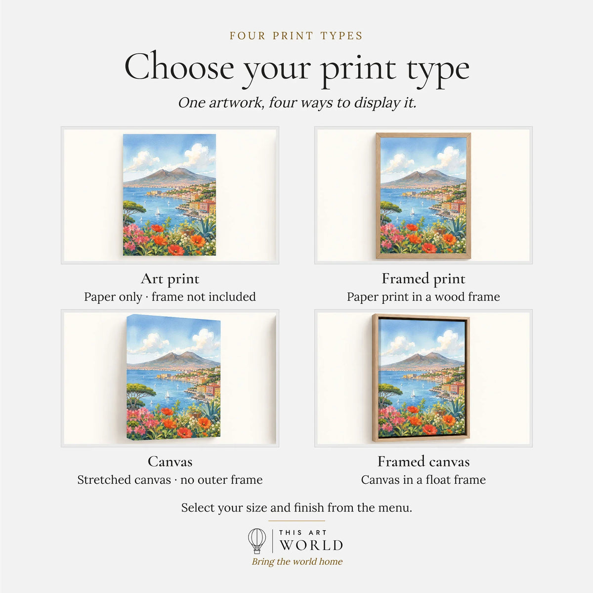 Naples Bay of Naples and Vesuvius watercolour art print, print type options: art print, framed print or canvas