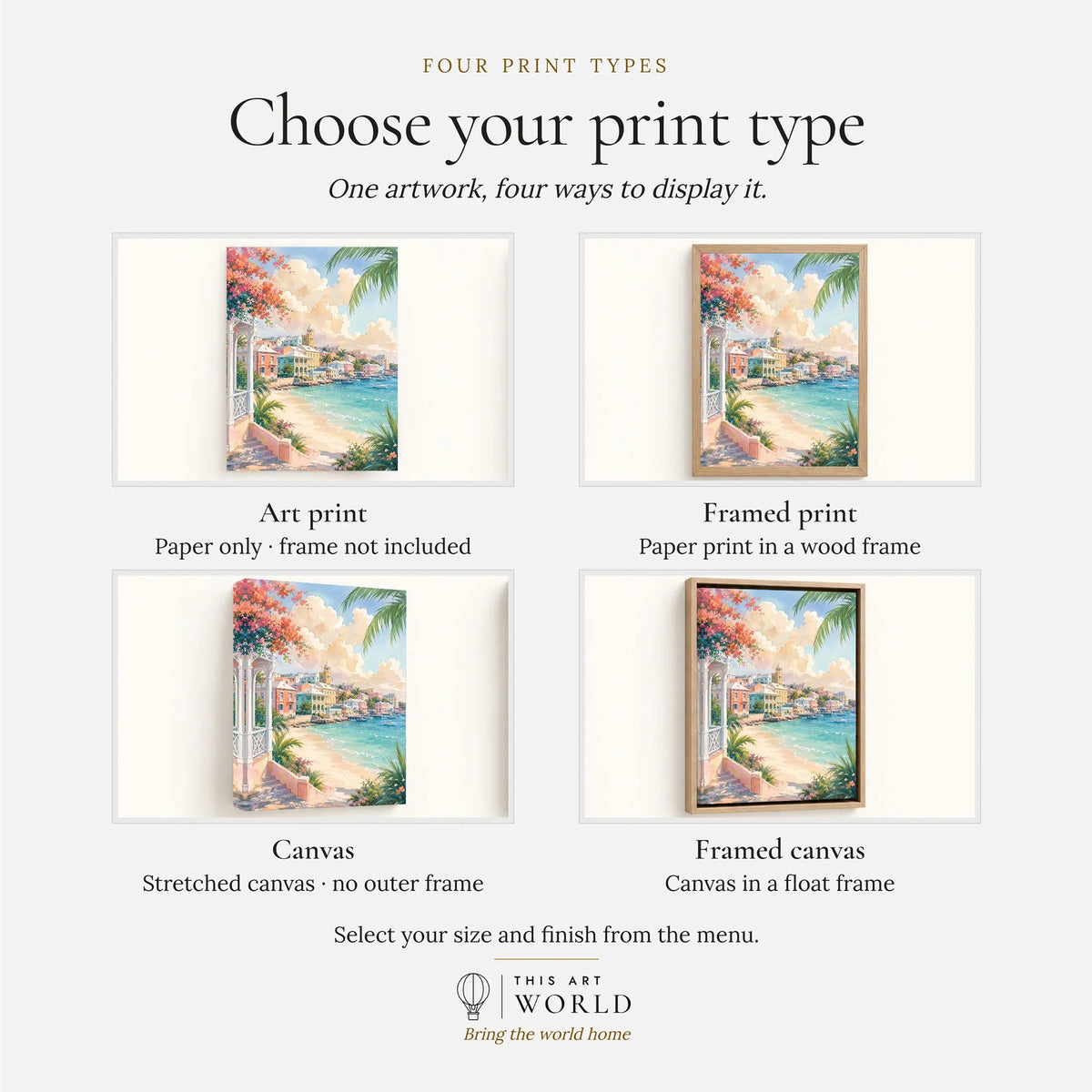 Nassau pastel waterfront and beach watercolour art print, print type options: art print, framed print or canvas