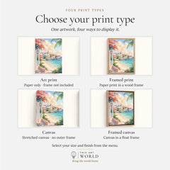 Nassau pastel waterfront and beach watercolour art print, print type options: art print, framed print or canvas