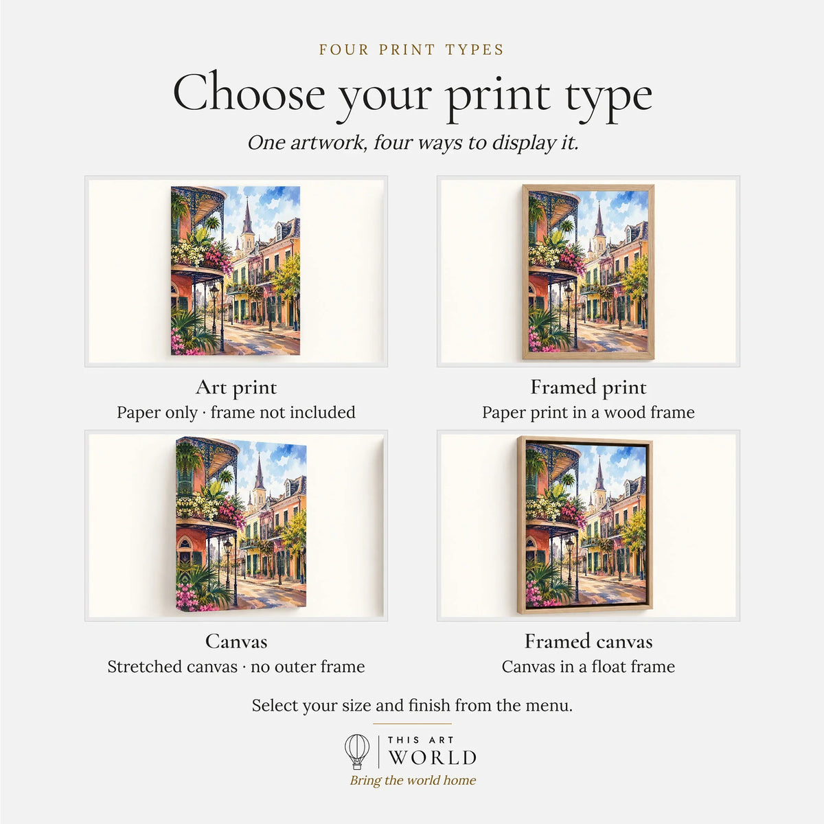 New Orleans French Quarter balconies watercolour art print, print type options: art print, framed print or canvas