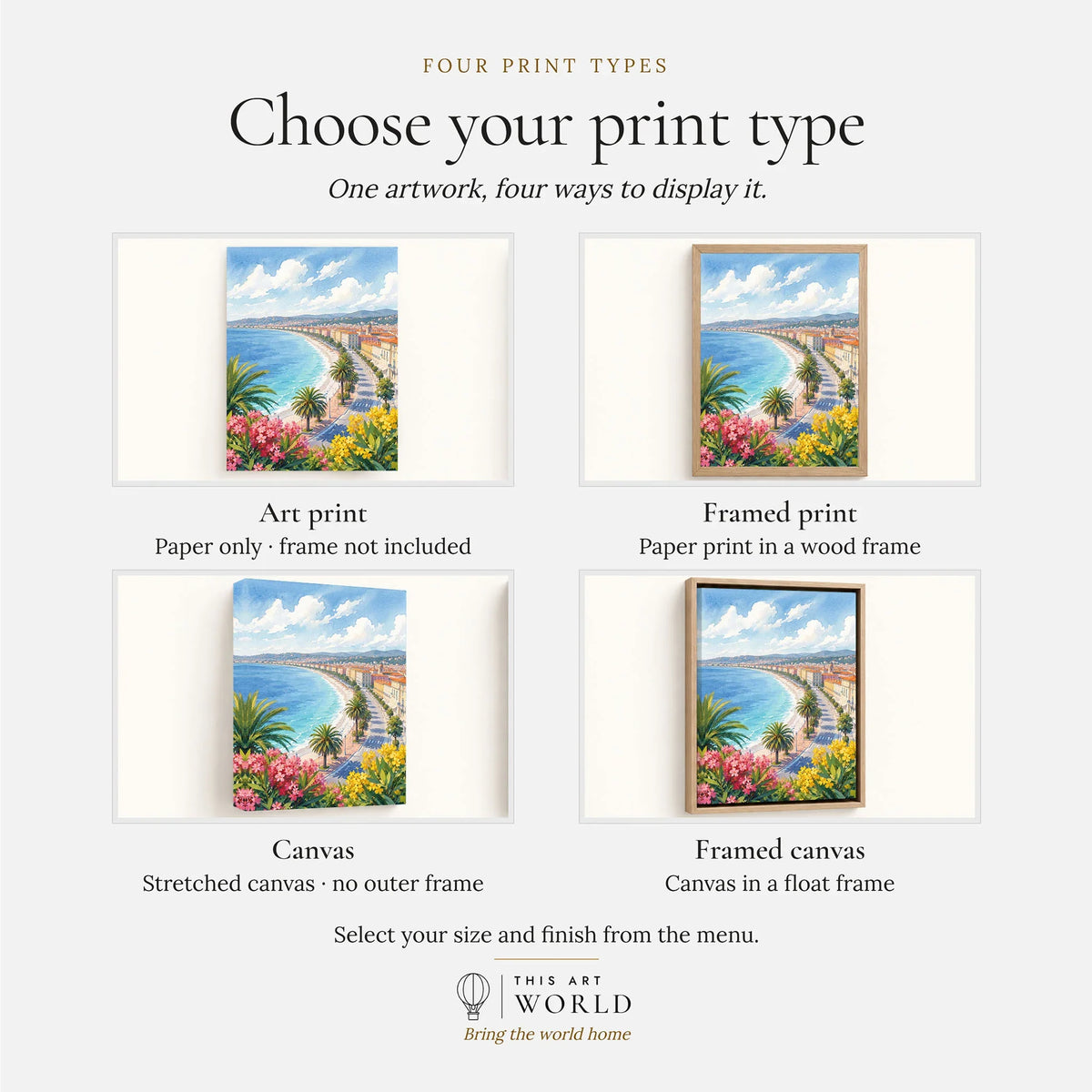 Nice Baie des Anges and promenade watercolour art print, print type options: art print, framed print or canvas
