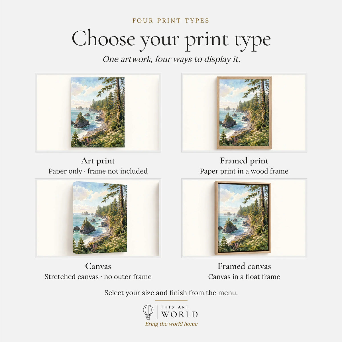 Olympic rugged coast and sea stacks watercolour art print, print type options: art print, framed print or canvas