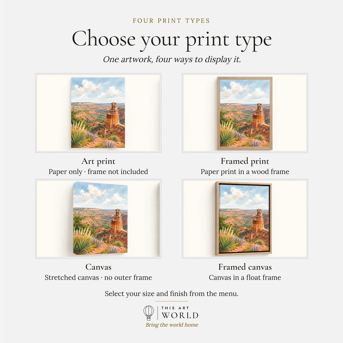 Palo Duro Canyon Lighthouse rock formation watercolour art print, print type options: art print, framed print or canvas