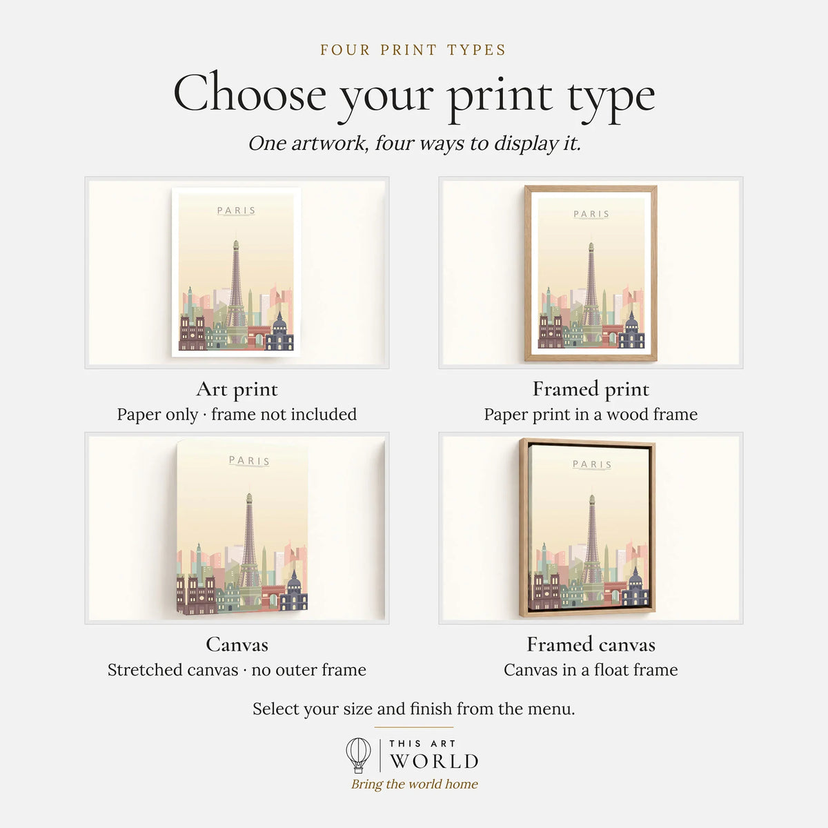 Paris city skyline art print, print type options: art print, framed print or canvas