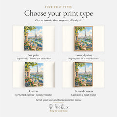 Paris Eiffel Tower and the Seine watercolour art print, print type options: art print, framed print or canvas