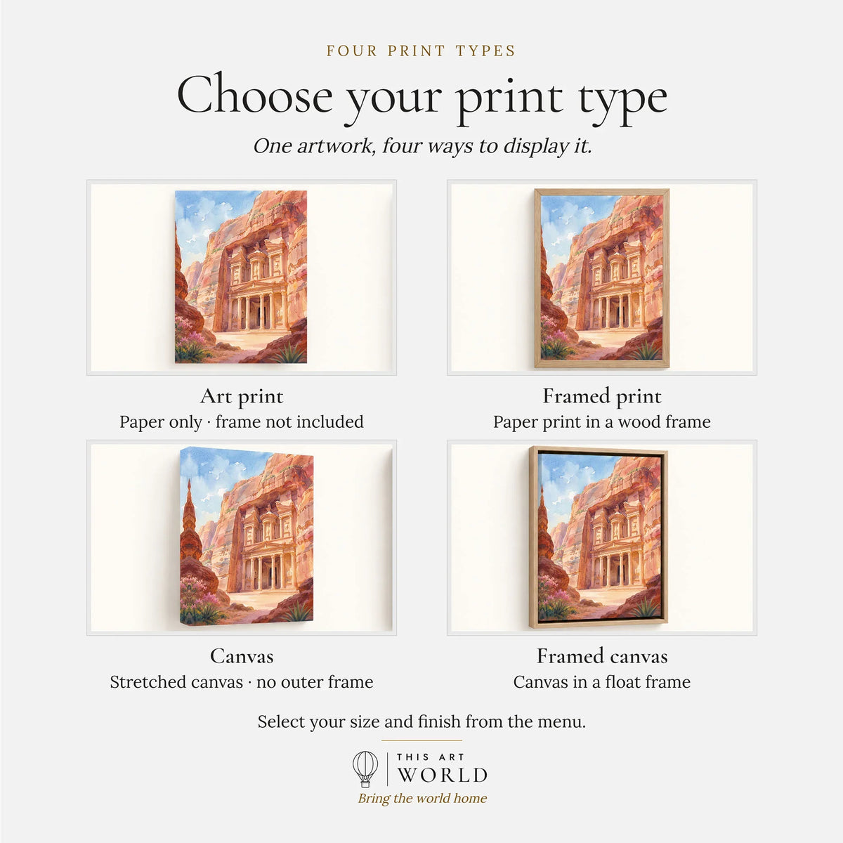 Petra Treasury in the rock watercolour art print, print type options: art print, framed print or canvas