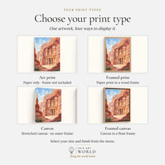 Petra Treasury in the rock watercolour art print, print type options: art print, framed print or canvas