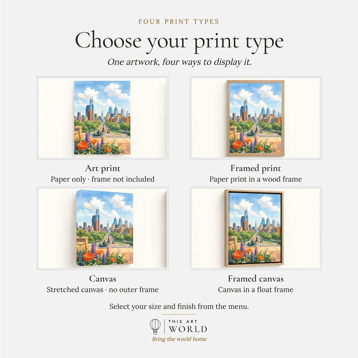 Philadelphia skyline and Ben Franklin Parkway watercolour art print, print type options: art print, framed print or canvas