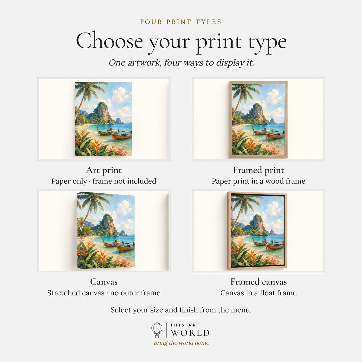 Phuket longtail boats and limestone cliffs watercolour art print, print type options: art print, framed print or canvas