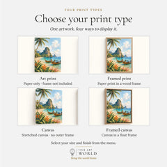 Phuket longtail boats and limestone cliffs watercolour art print, print type options: art print, framed print or canvas