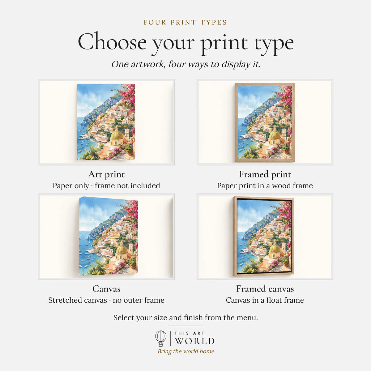 Positano cliffside village and church dome watercolour art print, print type options: art print, framed print or canvas