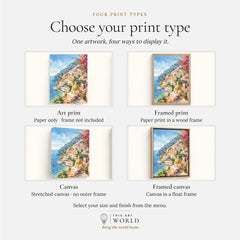 Positano cliffside village and church dome watercolour art print, print type options: art print, framed print or canvas
