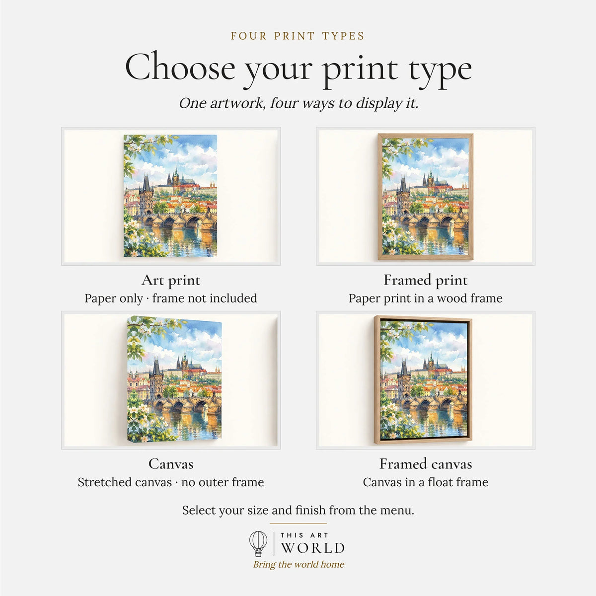 Prague Charles Bridge and Prague Castle watercolour art print, print type options: art print, framed print or canvas