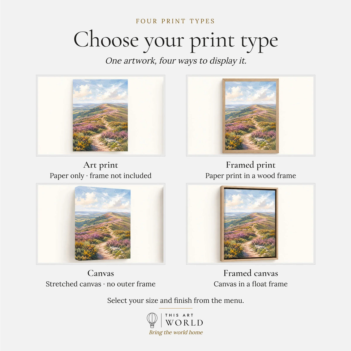 Quantock Hills heather hilltop path watercolour art print, print type options: art print, framed print or canvas