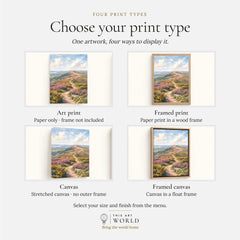 Quantock Hills heather hilltop path watercolour art print, print type options: art print, framed print or canvas