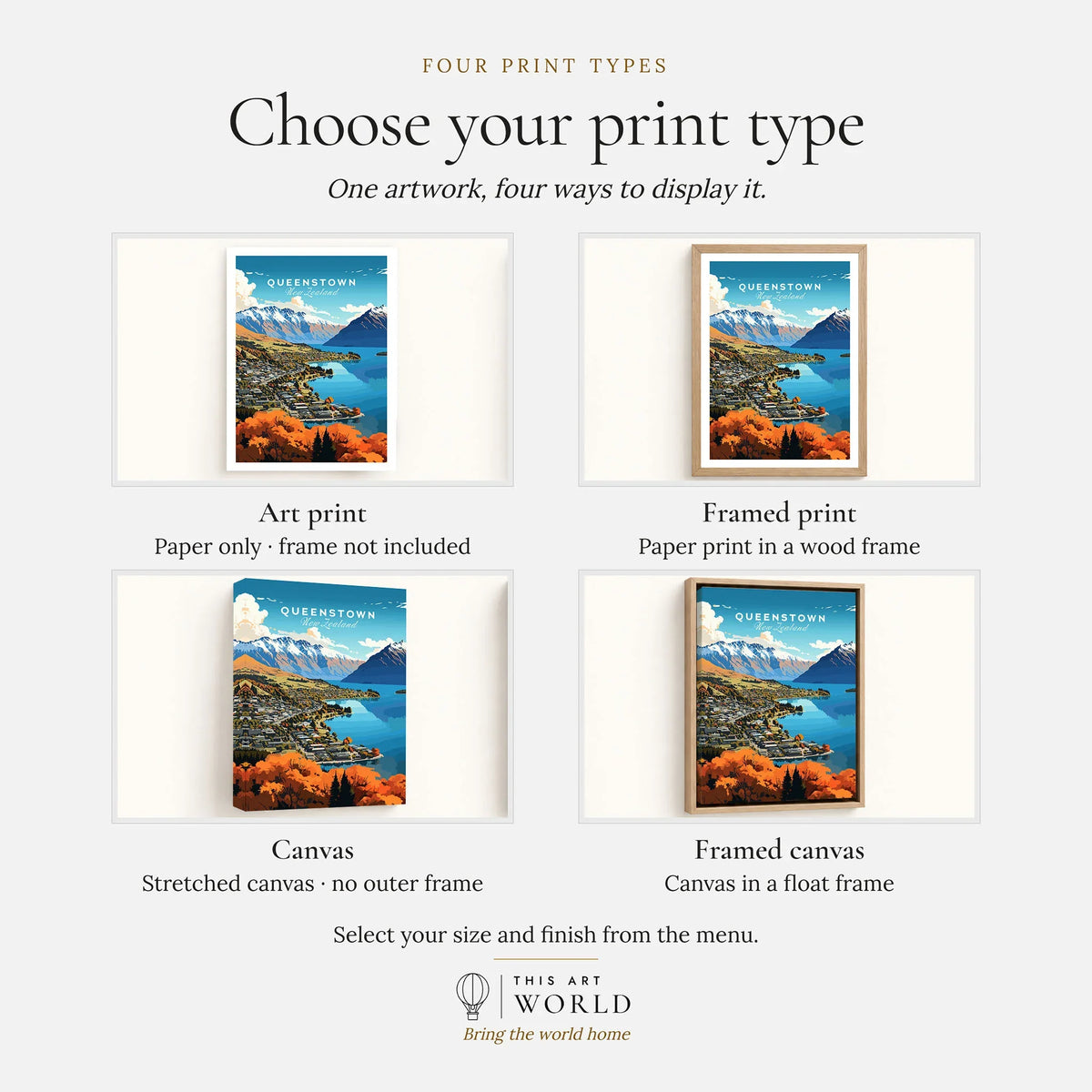 Queenstown New Zealand Lake Wakatipu in autumn vintage travel poster, print type options: art print, framed print or canvas