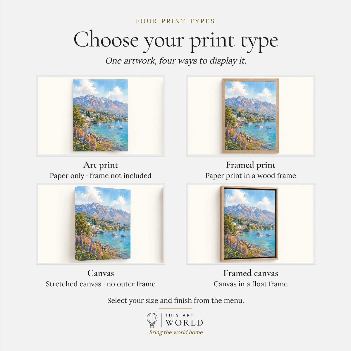 Queenstown Lake Wakatipu, Remarkables and lupins watercolour art print, print type options: art print, framed print or canvas