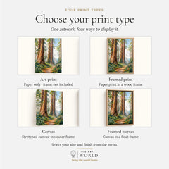 Redwood giant redwoods and forest trail watercolour art print, print type options: art print, framed print or canvas