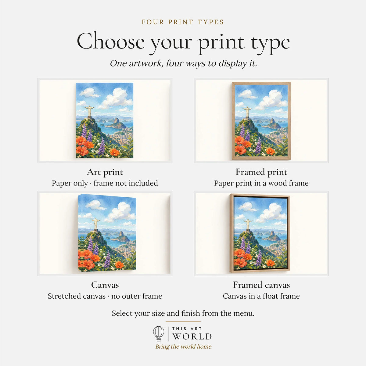 Rio de Janeiro Christ the Redeemer and Sugarloaf watercolour art print, print type options: art print, framed print or canvas