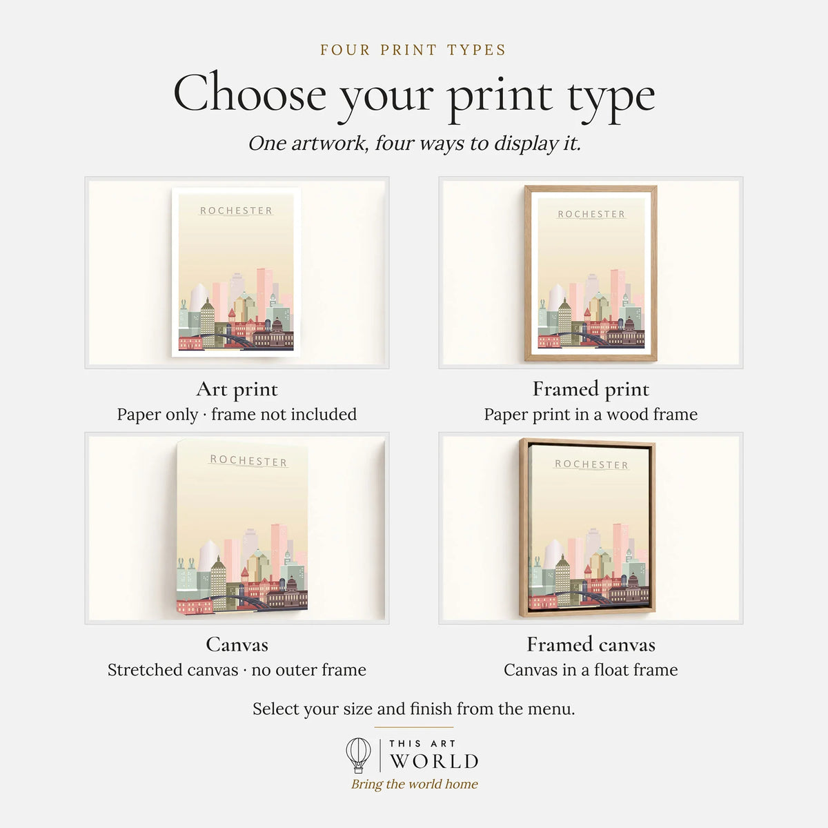 Rochester city skyline art print, print type options: art print, framed print or canvas
