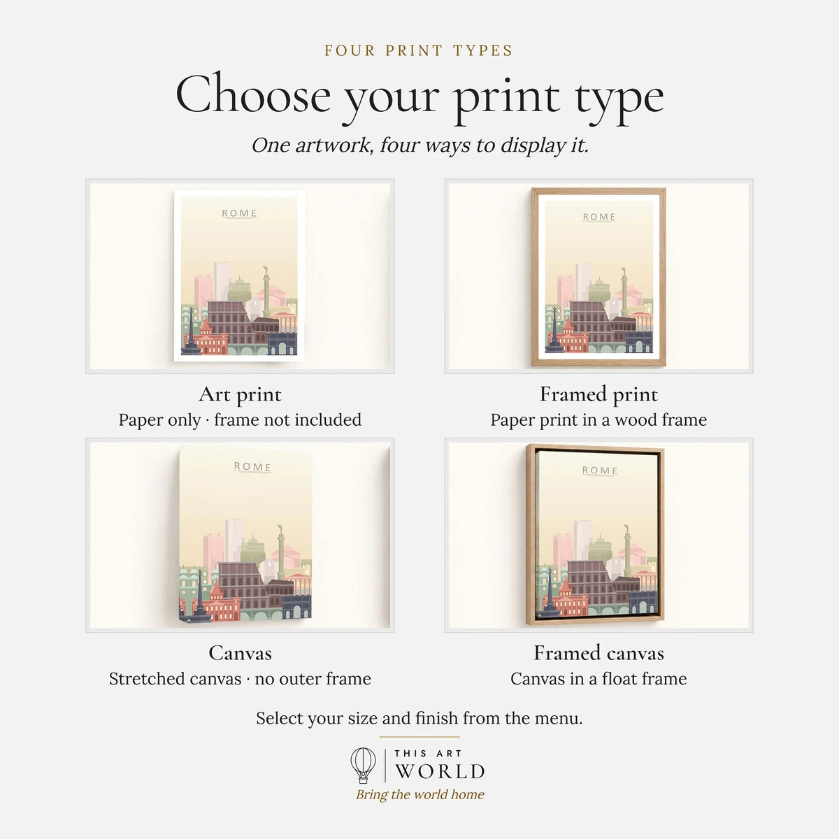Rome city skyline art print, print type options: art print, framed print or canvas