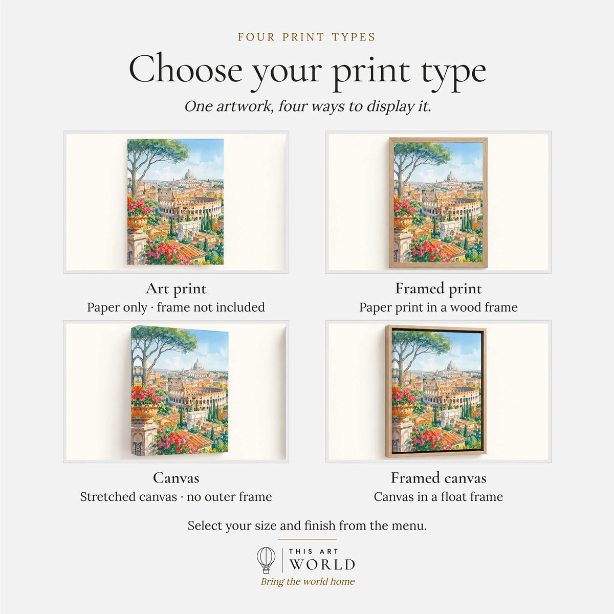 Rome Colosseum and St Peter's dome watercolour art print, print type options: art print, framed print or canvas