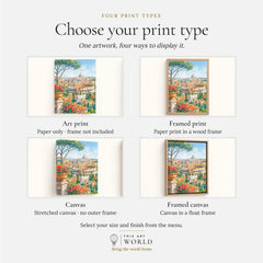 Rome Colosseum and St Peter's dome watercolour art print, print type options: art print, framed print or canvas