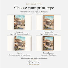Rome Pantheon and piazza fountain watercolour art print, print type options: art print, framed print or canvas