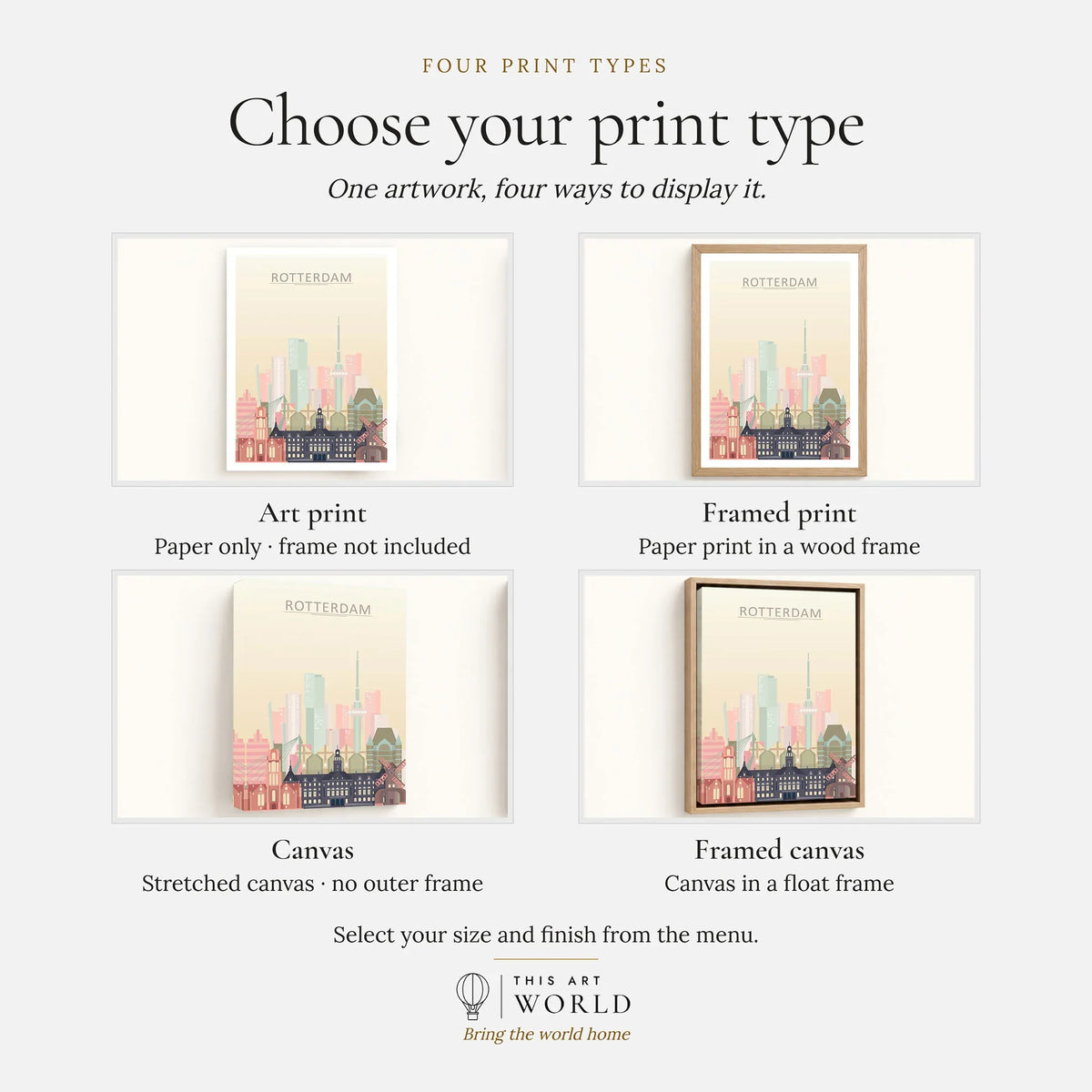 Rotterdam city skyline art print, print type options: art print, framed print or canvas
