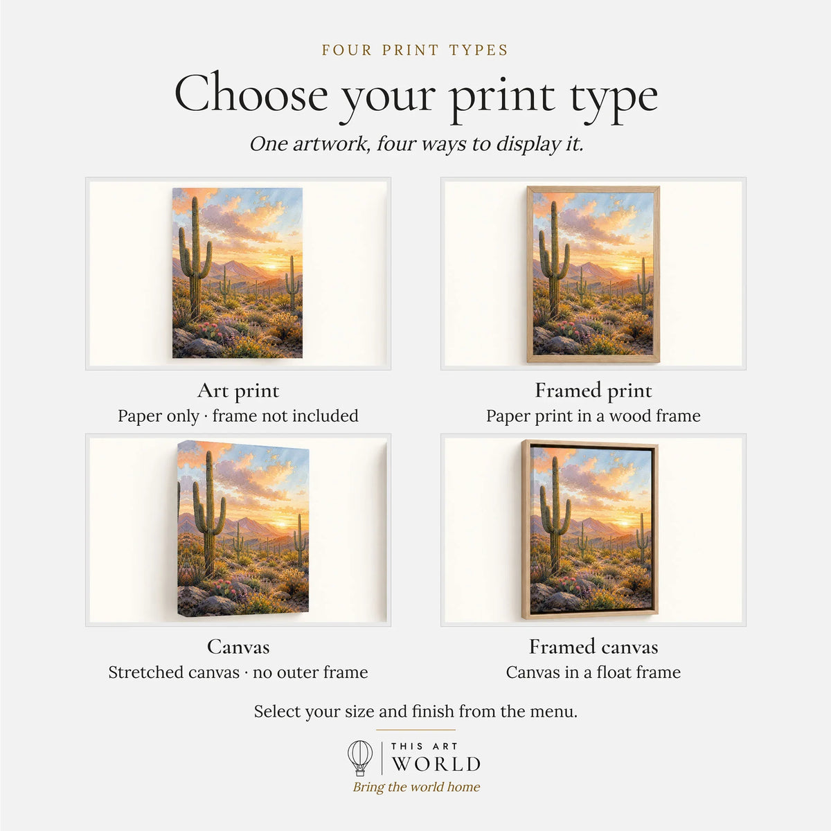 Saguaro National Park saguaro cacti at sunset watercolour art print, print type options: art print, framed print or canvas