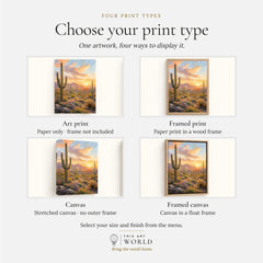 Saguaro National Park saguaro cacti at sunset watercolour art print, print type options: art print, framed print or canvas