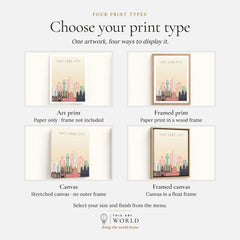 Salt Lake City city skyline art print, print type options: art print, framed print or canvas
