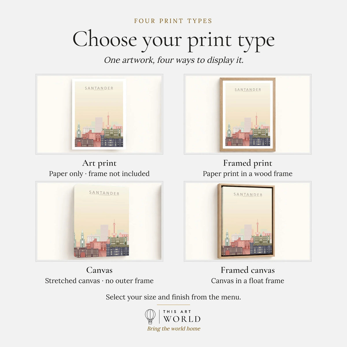Santander city skyline art print, print type options: art print, framed print or canvas