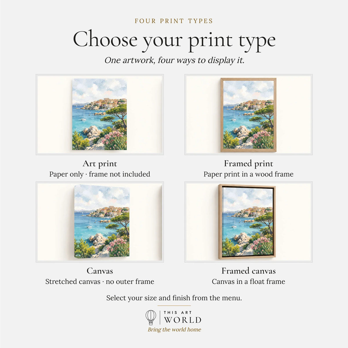 Sardinia turquoise coves and harbour town watercolour art print, print type options: art print, framed print or canvas